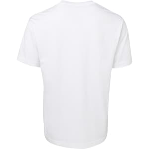 A white T-shirt with a plain back design, featuring a logo on the neckline.