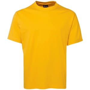 A yellow t-shirt with a round neckline and short sleeves, featuring a logo.