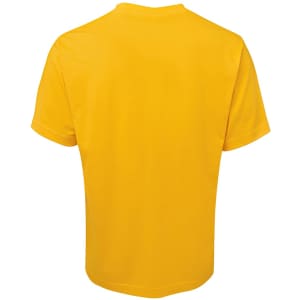 A yellow T-shirt with a plain back design and short sleeves. It features a logo on the back.