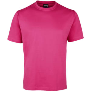 A vibrant pink T-shirt with a round neck and short sleeves, featuring a logo on the tag.