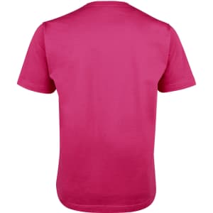 A pink T-shirt featuring a plain back design and a tag. It has short sleeves and a round neckline.
