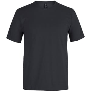 A black t-shirt with a crew neck and short sleeves, featuring a logo at the collar.