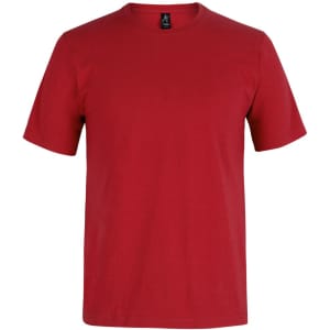 A red T-shirt with a round neck and short sleeves, featuring a logo on the label.