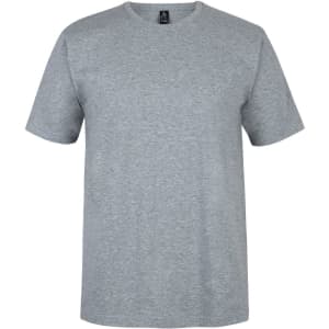 A grey T-shirt with a classic crew neck and short sleeves. It features a label and no visible logos.