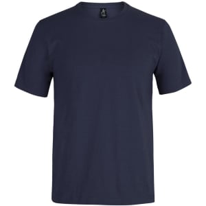A navy blue T-shirt with short sleeves and a round neckline, featuring a small logo on the label.
