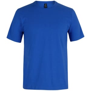 A blue t-shirt with a round neck and short sleeves, featuring a label and no visible graphics.