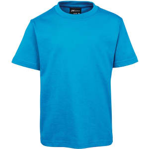 A bright blue children's t-shirt with a round neck and short sleeves, featuring a logo on the inside label.