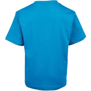 A blue kids' T-shirt with a round neck and short sleeves, featuring a logo on the back.