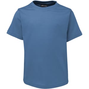 A blue children's T-shirt with short sleeves and a round neckline, featuring a logo inside the collar.