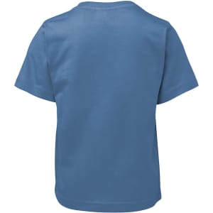 A blue children's t-shirt with a back view, featuring a simple design and short sleeves. It has a logo.