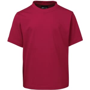 A red children's t-shirt with short sleeves and a high collar, featuring a branding logo.