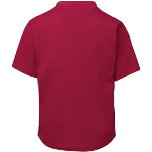 A short-sleeved, back view of a kids' T-shirt in a solid burgundy colour. The shirt features a logo.