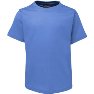 A blue T-shirt for kids with a round neckline and short sleeves, featuring a logo on the inside tag.