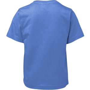 A blue children's t-shirt featuring a plain back. It has a simple design and includes a logo.