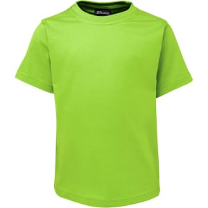 A bright green children’s T-shirt with short sleeves and a crew neckline, featuring a logo at the neck.