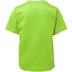A bright green kids' t-shirt featuring a plain back design and short sleeves, with a logo on the label.