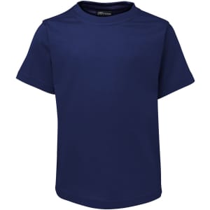 A navy blue children's t-shirt with a round neckline and short sleeves, featuring a logo inside the collar.