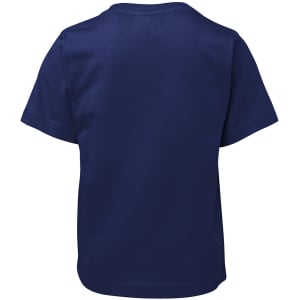 A navy blue children's t-shirt with a crew neckline and short sleeves, featuring a plain design on the back.