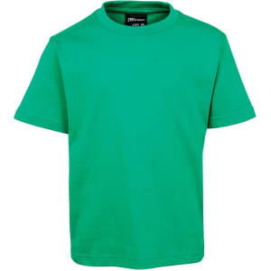 A bright green kids' T-shirt with a round neck and short sleeves. It features a brand logo on the inside label.