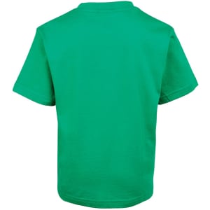 A green children's T-shirt with short sleeves and a plain back, featuring a logo.