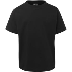 A black t-shirt featuring short sleeves and a round neckline, with a logo on the inner label.