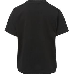 A black kids' t-shirt with short sleeves and a simple design. The back view reveals a clean, classic shape.