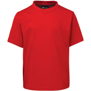 A bright red kids' t-shirt featuring a high neck design. It includes a logo on the label inside the collar.