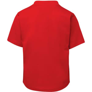 A vibrant red children's T-shirt with short sleeves, featuring a plain back design.