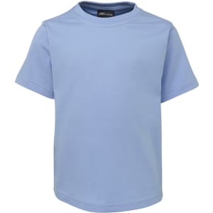 A light blue children's t-shirt with short sleeves, featuring a logo on the neckline.