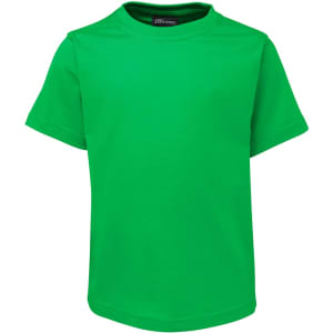 A vibrant green kids' t-shirt featuring a round neckline and short sleeves, with a logo tag on the collar.