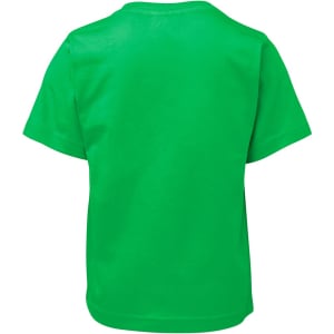 A vibrant green kids' t-shirt with short sleeves and a simple design. It features a logo on the back.