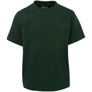 A green kids' T-shirt featuring a round neck and short sleeves, with a logo at the neckline.