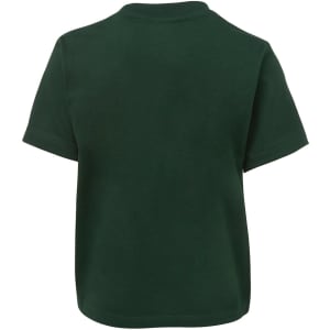 A green T-shirt with short sleeves and a plain back, featuring a logo.