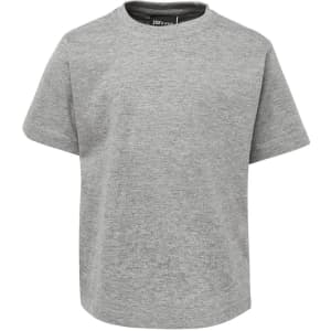 A grey short-sleeved kids' T-shirt with a round neckline and a logo.