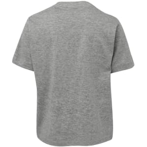A grey kids' t-shirt with a loose fit and short sleeves, featuring a logo on the back.