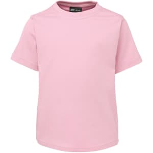 A pink kids' T-shirt with a round neckline and short sleeves. The shirt features a logo on the collar.