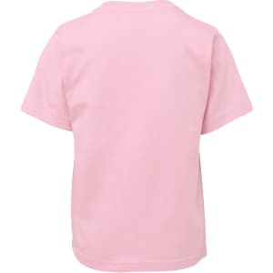 A plain pink kids' T-shirt with short sleeves and a back view. The shirt features a logo.
