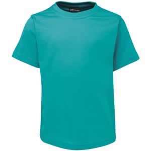 A turquoise kids' t-shirt with short sleeves, featuring a logo on the collar area.