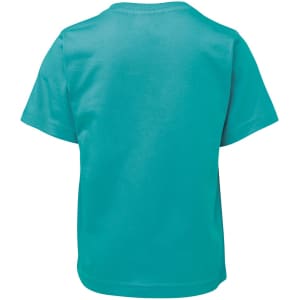 A turquoise children's t-shirt featuring a back view, designed for casual wear. There is a logo on the garment.