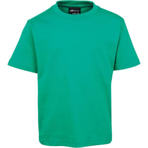 A green children's t-shirt with short sleeves and a round neckline, featuring a logo at the neckline.