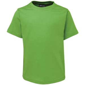 A green T-shirt with short sleeves, featuring a logo label at the neck.