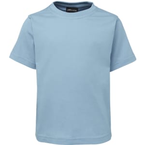A light blue kids' T-shirt featuring a crew neck and short sleeves, with a small logo on the label.