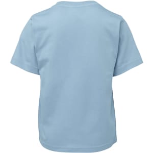 A light blue kids' t-shirt featuring short sleeves and a simple design, with a logo on the back.