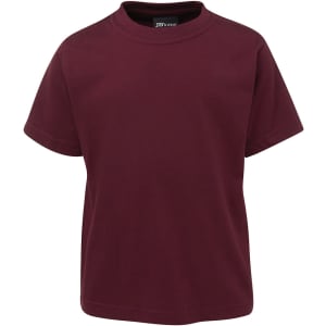 A maroon kids' t-shirt featuring a round neck and short sleeves. It has a logo on the inside neckline.