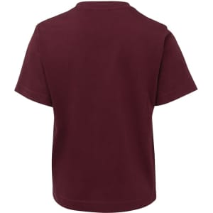A back view of a maroon kids' T-shirt featuring a simple design and a logo.