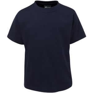 A navy blue children's T-shirt featuring a round neck and short sleeves, with a logo on the inside label.