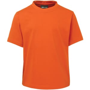An orange kids' t-shirt with a round neckline and short sleeves, featuring a logo.