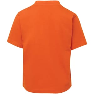 An orange children's t-shirt with short sleeves and a crew neck, featuring a logo on the back.