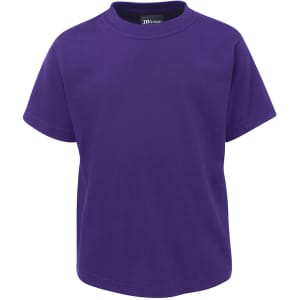 A purple children's T-shirt with short sleeves and a round neckline. It features a logo.