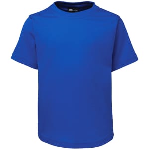 A plain blue children's T-shirt with short sleeves, featuring a label inside the neck area.